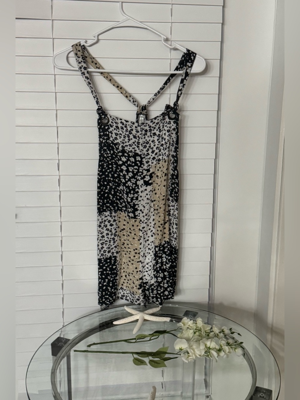 RVCA Black, White & Beige Printed Strappy Romper